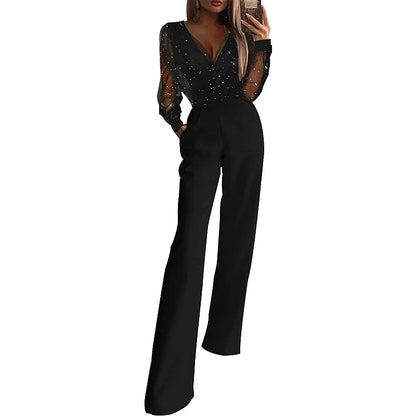 Women‘s Jumpsuit for Special Occasions Mesh Sequin Solid Color V Neck Elegant Party Prom Regular Fit Long Sleeve Black S M L Spring  Fall