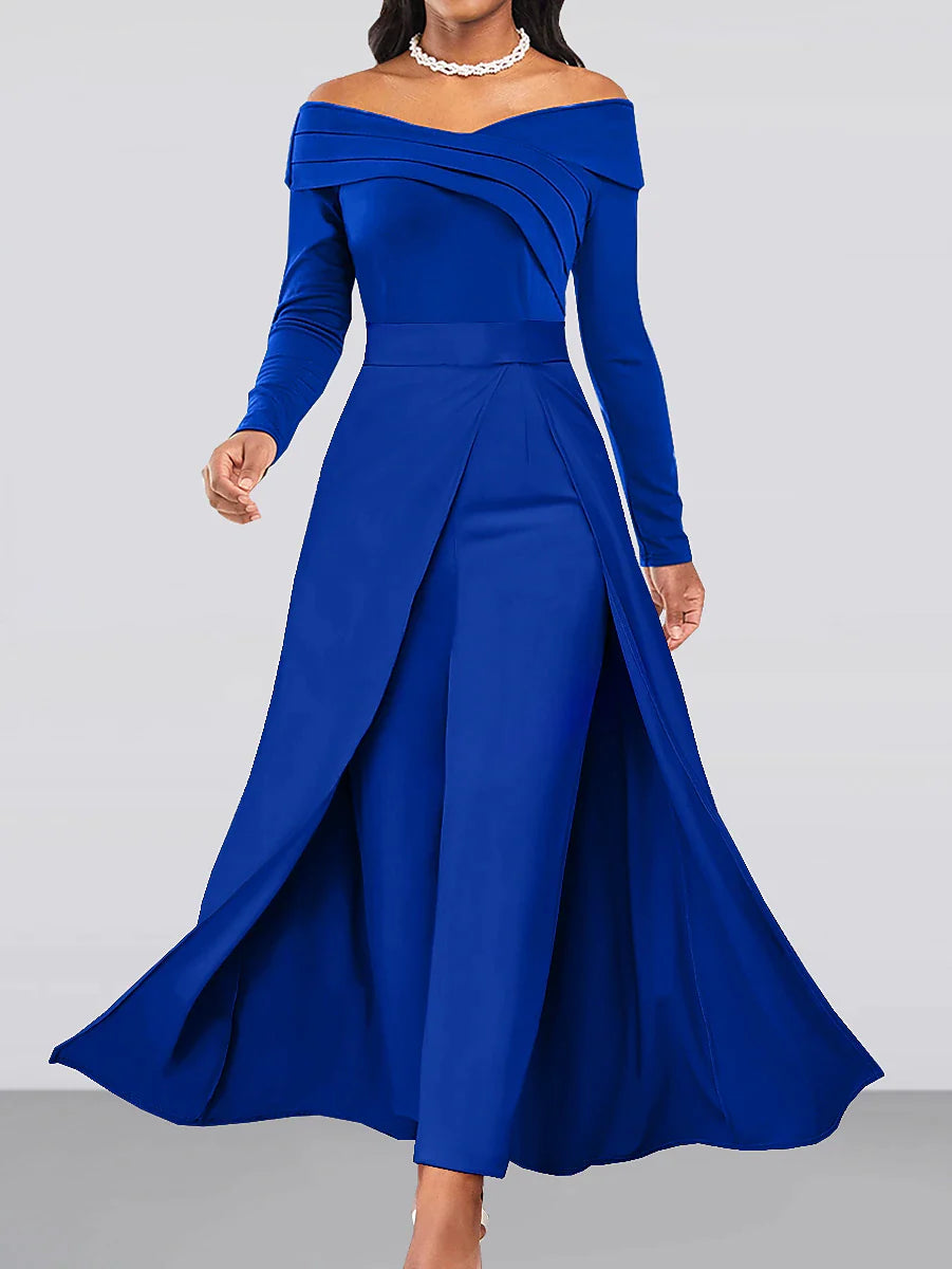 Women's Jumpsuit Solid Color Off Shoulder Elegant Wedding Party Wide Leg Regular Fit Long Sleeve Red Royal Blue S M L All Seasons