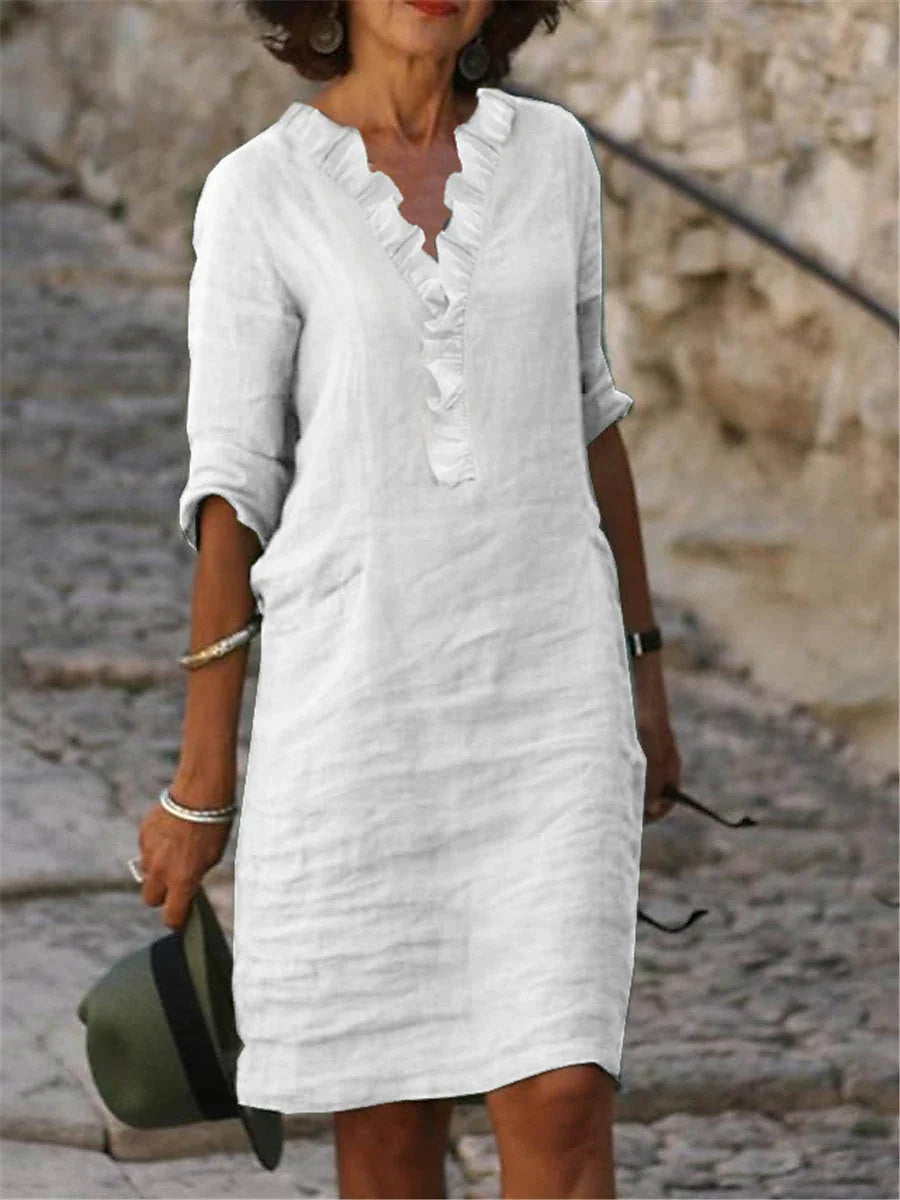 Women's Cotton Linen Dress Casual Dress Shift Dress Mini Dress Cotton Blend Basic Classic Outdoor Daily Vacation V Neck Ruffle Basic Half Sleeve Summer Spring Fall 2023 Regular Fit White Plain S M L