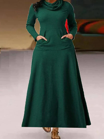 Women's Pure Color Pocket Casual Dress High Neck Emerald Green Dress Black Dress Long Dress Maxi Dress Black Brown Long Sleeve Winter Fall Spring Basic 2023 S M L XL XXL 2XL