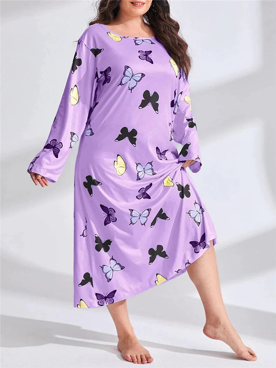 Women's Plus Size Pajamas Sleepwear Nightshirt Sleep Shirt Butterfly Heart Fashion Casual Home Valentine's Day Bed Polyester Comfort Breathable Crew Neck Long Sleeve Spring Purple black Lotus Pink