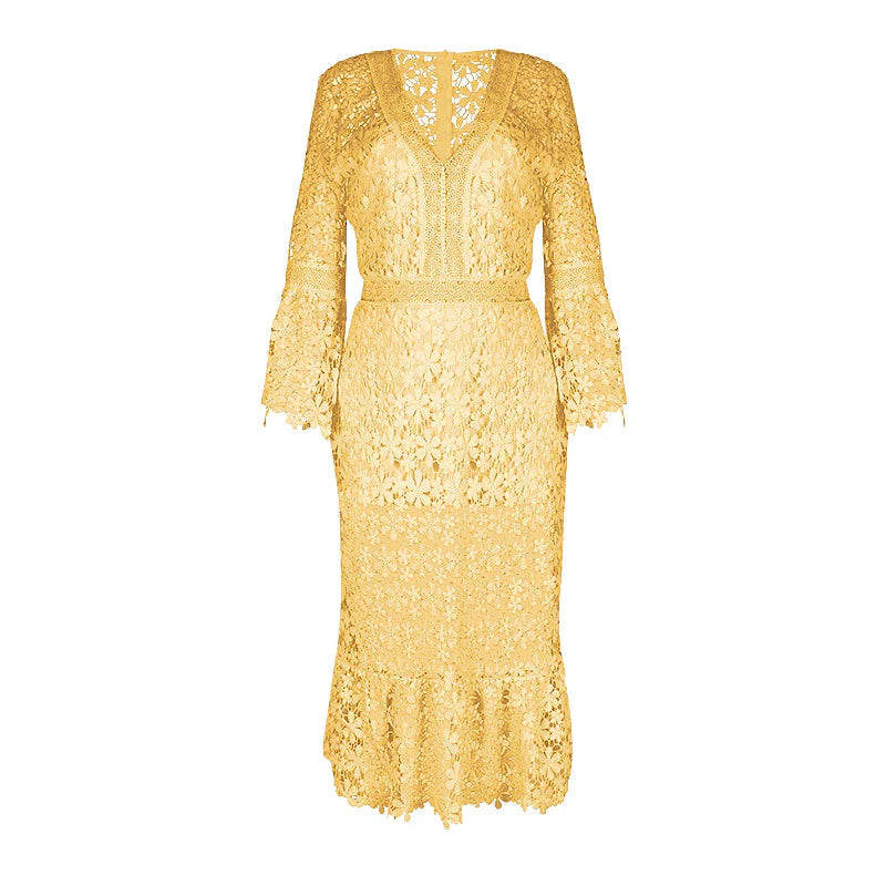 Women's Party Dress Lace Dress Homecoming Dress Long Dress Maxi Dress White Yellow Pink Long Sleeve Pure Color Lace Summer Spring Fall Deep V Fashion Winter Dress Birthday Wedding Guest 2022 S M L XL