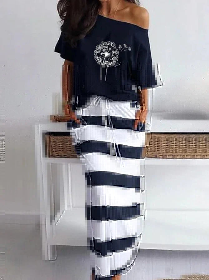 Women's Casual Dress Floral Dress Long Dress Maxi Dress Navy Blue Half Sleeve Striped Lace up Summer Spring One Shoulder Basic Summer Dress Spring Dress 2023 S M L XL XXL 3XL