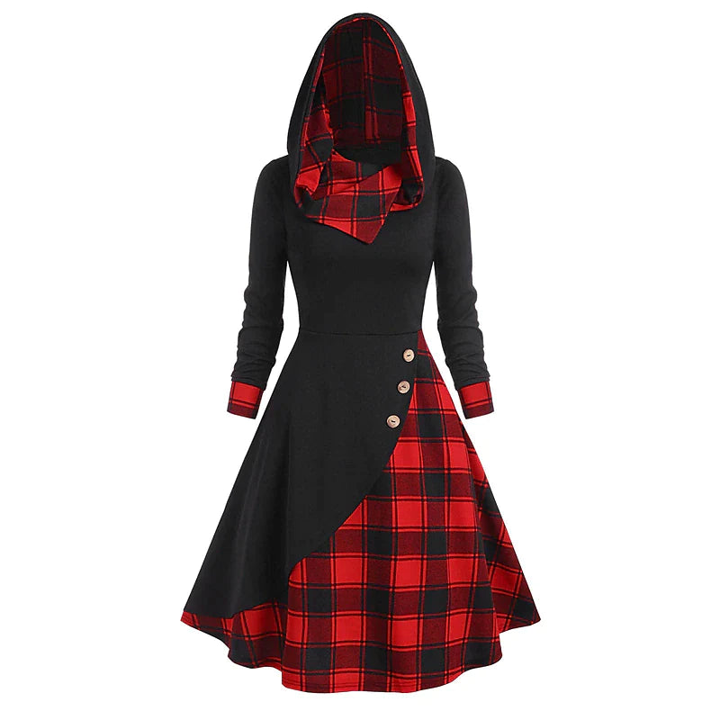 Women's New Year's Eve Dress Tartan Dress Sheath Dress Black Wine Red Long Sleeve Plaid Patchwork Winter Fall Hooded Modern Winter Dress Weekend Fall Dress Loose Fit