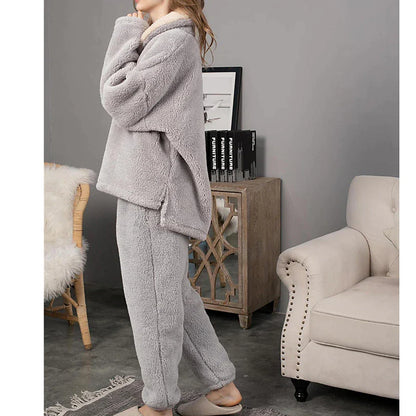 Women's Fleece Flannel Warm Pajamas Sets Fluffy Fuzzy Warm Nighty Pure Color Plush Comfort Home Christmas V Wire Long Sleeve Sweater Pant Elastic Waist Fall Winter Gray Purple / Lace Up