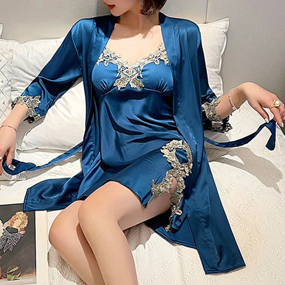 Women's Satin Silk Pajamas Sets 2 Pcs Nightgown Sets Dress Pure Color Fashion Casual Comfort Home Daily Bed Satin V Wire Long Sleeve Elastic Waist Chest pads Fall Spring Black Blue