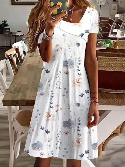 Women's Summer Dress Print Dress Floral Print V Neck Midi Dress Active Streetwear Outdoor Home Short Sleeve Loose Fit White Blue Green Summer Spring S M L XL XXL