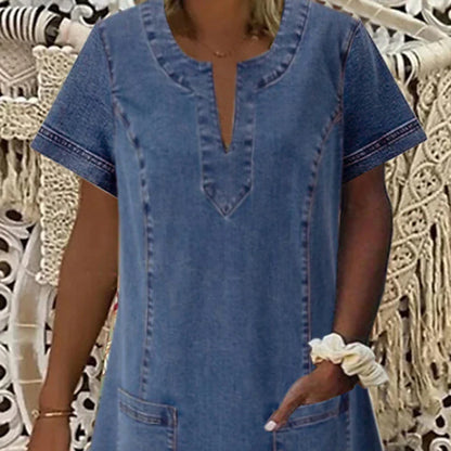 Women‘s Denim Dress Shirt Dress Casual Dress Midi Dress Denim Sexy Casual Daily Vacation Split Neck Ruched Pocket Short Sleeve Summer Spring 2023 Regular Fit Blue Pure Color S M L XL XXL