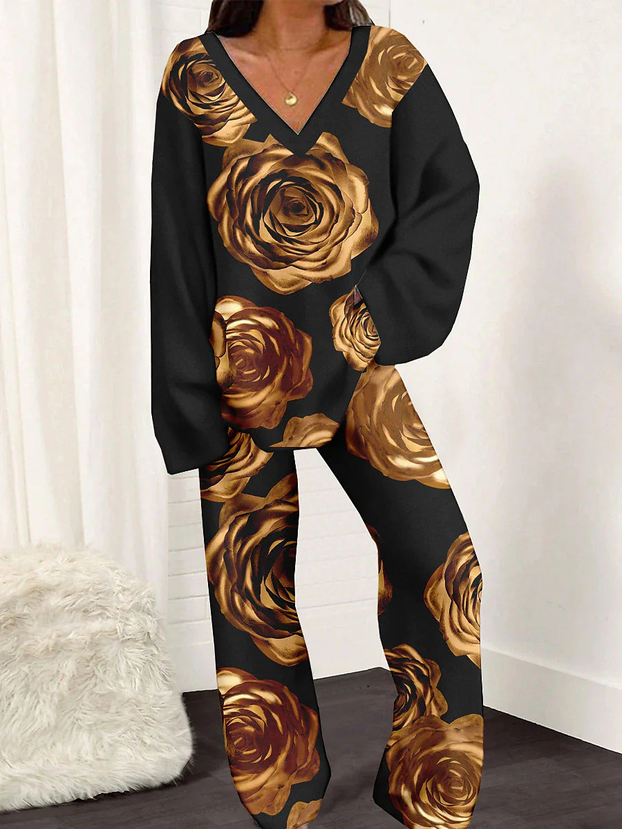 Women's Pajamas Sets Flower Fashion Soft Home Daily Bed Polyester Breathable V Wire Long Sleeve Pant Spring Black Yellow