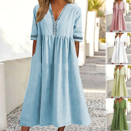 Women‘s Casual Dress Cotton Linen Dress Caftan Dress Swing Dress Midi Dress Cotton Blend Basic Classic Outdoor Daily Vacation V Neck Ruched Hollow Out Half Sleeve Summer Spring Fall 2023