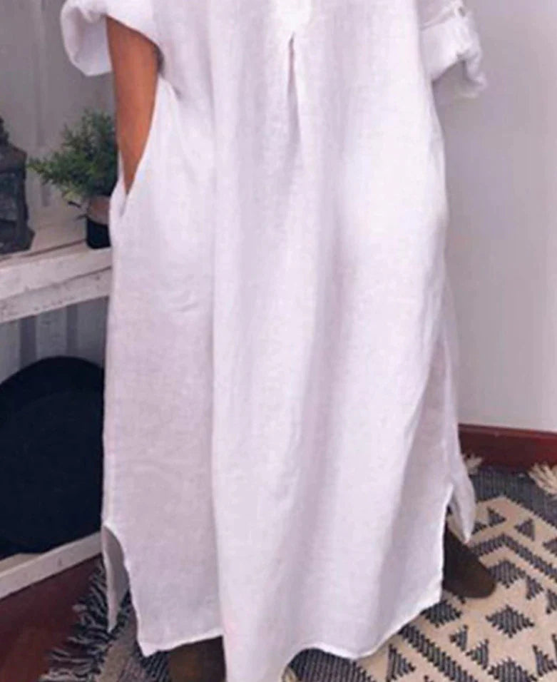 Women's Casual Dress Cotton Linen Dress Shift Dress Maxi long Dress Cotton Blend Modern Casual Daily Vacation Boat Neck Ruched Pocket Long Sleeve Summer Spring Fall 2023 Loose Fit White Pure Color S