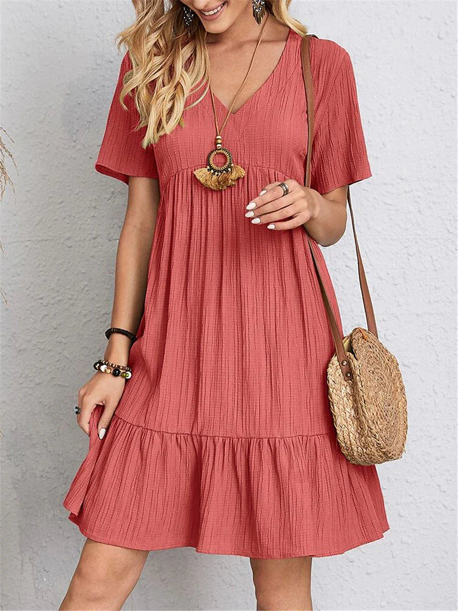 Women's Shift Dress Plain Dress Plain Ruffle V Neck Midi Dress Basic Classic Outdoor Daily Short Sleeve Loose Fit Black Pink Red Summer Spring S M L XL XXL