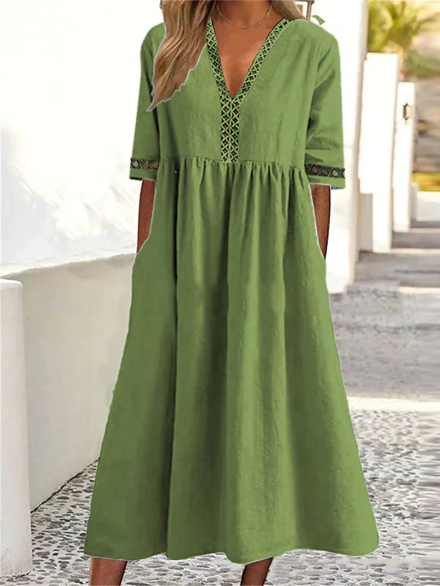 Women‘s Casual Dress Cotton Linen Dress Caftan Dress Swing Dress Midi Dress Cotton Blend Basic Classic Outdoor Daily Vacation V Neck Ruched Hollow Out Half Sleeve Summer Spring Fall 2023