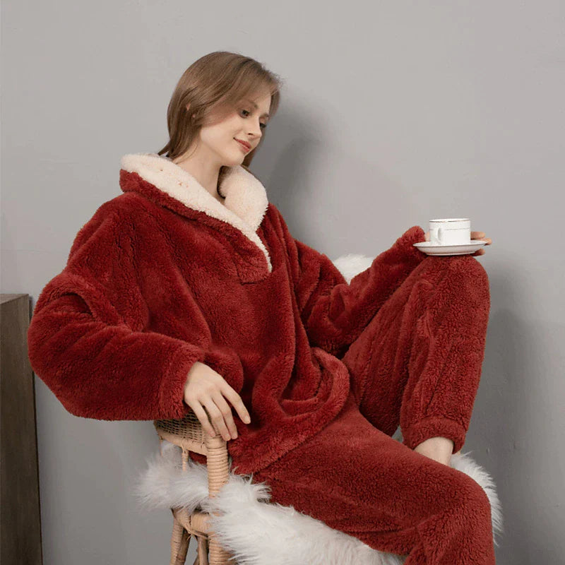 Women's Fleece Flannel Warm Pajamas Sets Fluffy Fuzzy Warm Nighty Pure Color Plush Comfort Home Christmas V Wire Long Sleeve Sweater Pant Elastic Waist Fall Winter Gray Purple / Lace Up