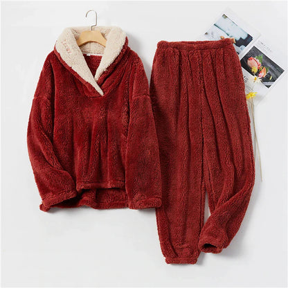 Women's Fleece Flannel Warm Pajamas Sets Fluffy Fuzzy Warm Nighty Pure Color Plush Comfort Home Christmas V Wire Long Sleeve Sweater Pant Elastic Waist Fall Winter Gray Purple / Lace Up