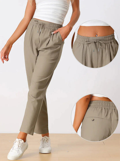 Women‘s Drawstring Linen Cotton Blend Pants Light Comfortable Breathable Natural Stay Cool Straight Full Length Pocket High Cut High Waist Basic Casual Work Daily Wear Khaki S 2XL Summer Spring