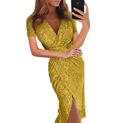 Women's Party Dress Gold Sequin Dress Homecoming Dress Cocktail Dress Midi Dress Silver Black Champagne Short Sleeve Pure Color Ruched Summer Spring Fall