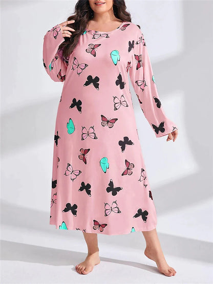 Women's Plus Size Pajamas Sleepwear Nightshirt Sleep Shirt Butterfly Heart Fashion Casual Home Valentine's Day Bed Polyester Comfort Breathable Crew Neck Long Sleeve Spring Purple black Lotus Pink