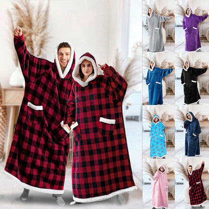 Women's Pink Wearable Blanket Hoodie Blanket Pajama Loungewear Grid / Plaid Pure Color Warm Plush Comfort Home Christmas Fleece Gift Hoodie Long Sleeve Pocket Fall Winter Lake blue Black