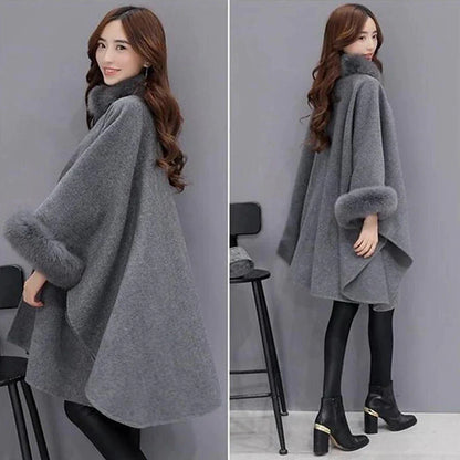 Women's Cloak / Capes Winter Coat Faux Fur Lapel Overcoat Fall Pea Coat Windproof Warm Jacket 3/4 Length Sleeve Camel Black Gray