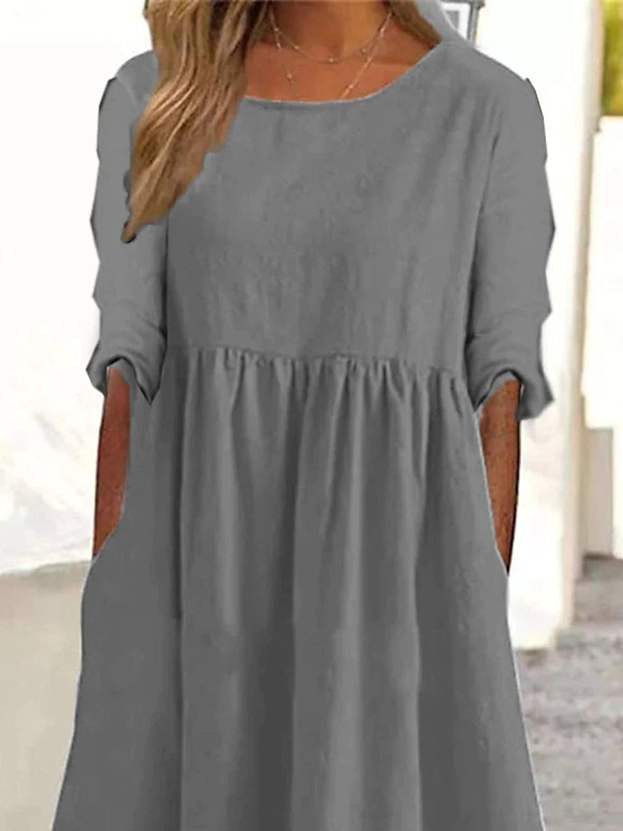 Women's Casual Dress Cotton Linen Dress Swing Dress Midi Dress Cotton Blend Basic Classic Outdoor Daily Vacation Crew Neck Pocket Long Sleeve Summer Spring Fall 2023 Loose Fit Black Gray Plain S M L