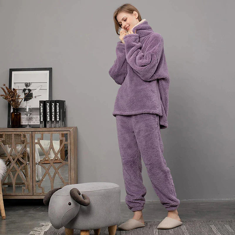 Women's Fleece Flannel Warm Pajamas Sets Fluffy Fuzzy Warm Nighty Pure Color Plush Comfort Home Christmas V Wire Long Sleeve Sweater Pant Elastic Waist Fall Winter Gray Purple / Lace Up