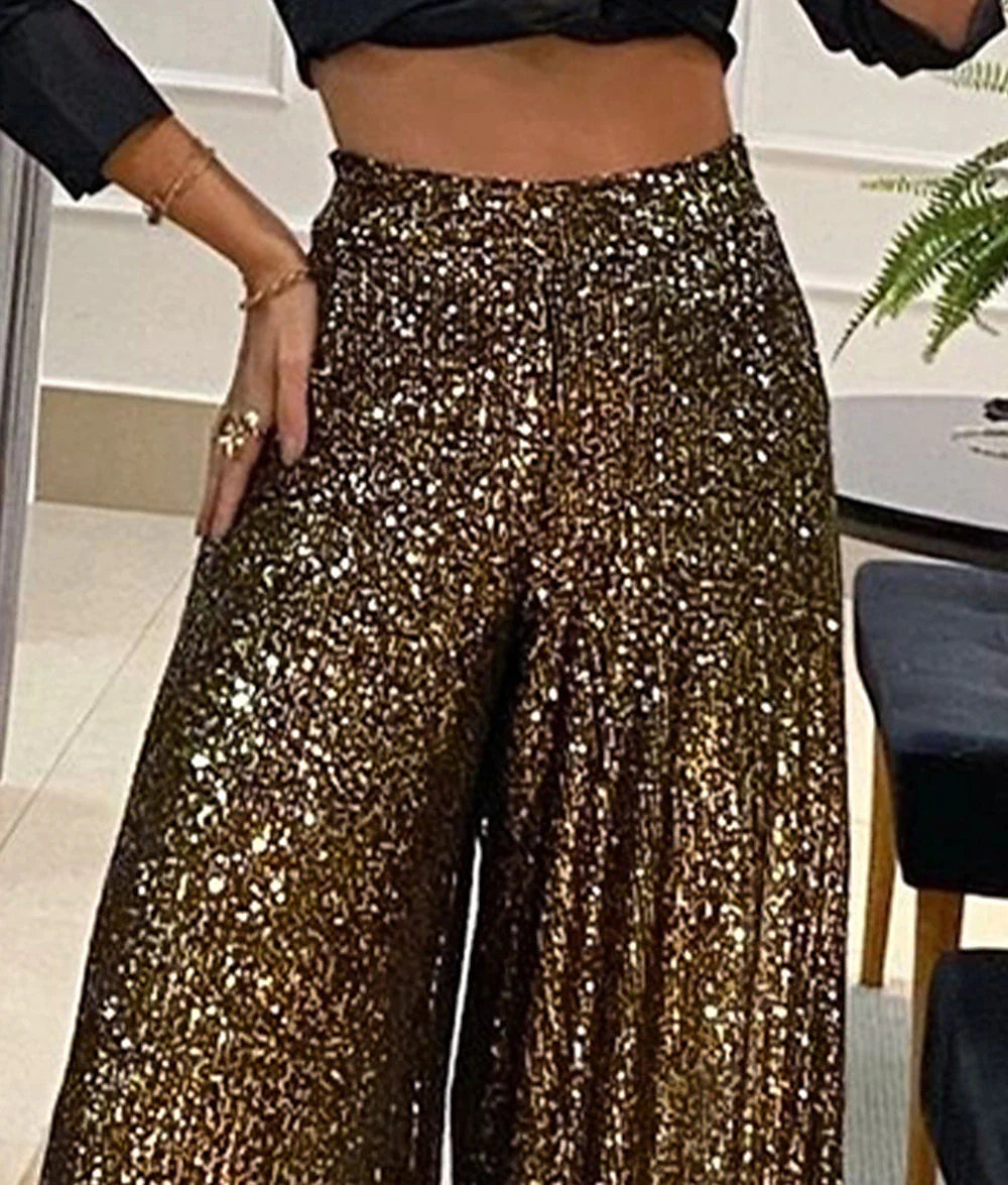 Women's Wide Leg Pants Wide Leg Trousers Baggy Full Length Sequins Wide Leg Micro-elastic Fashion Carnival Costumes Ladies Party Casual Daily dark brown Black S M