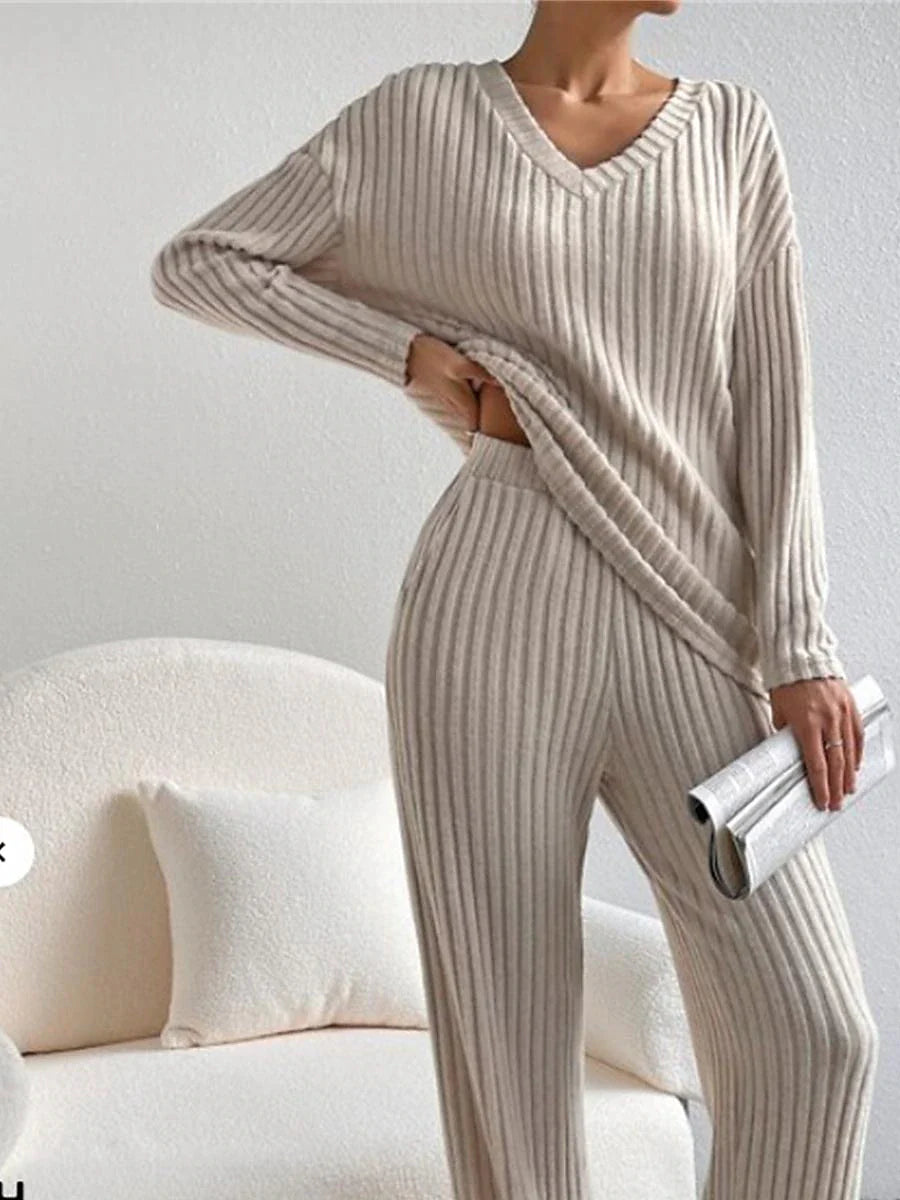 Women's Loungewear Sets Knit Drop Shoulder Tee Sweater and Pants Pure Color Home Street Daily Polyester Breathable V Wire Long Sleeve Sweater Pant Pocket Fall Winter Black Blue