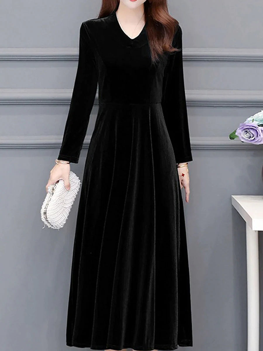 Women's Party Dress Wedding Guest Dress Velvet Dress Work Dress Midi Dress Black Wine Royal Blue Long Sleeve Pure Color Ruched Winter Fall Spring V Neck Fashion Spring Dress