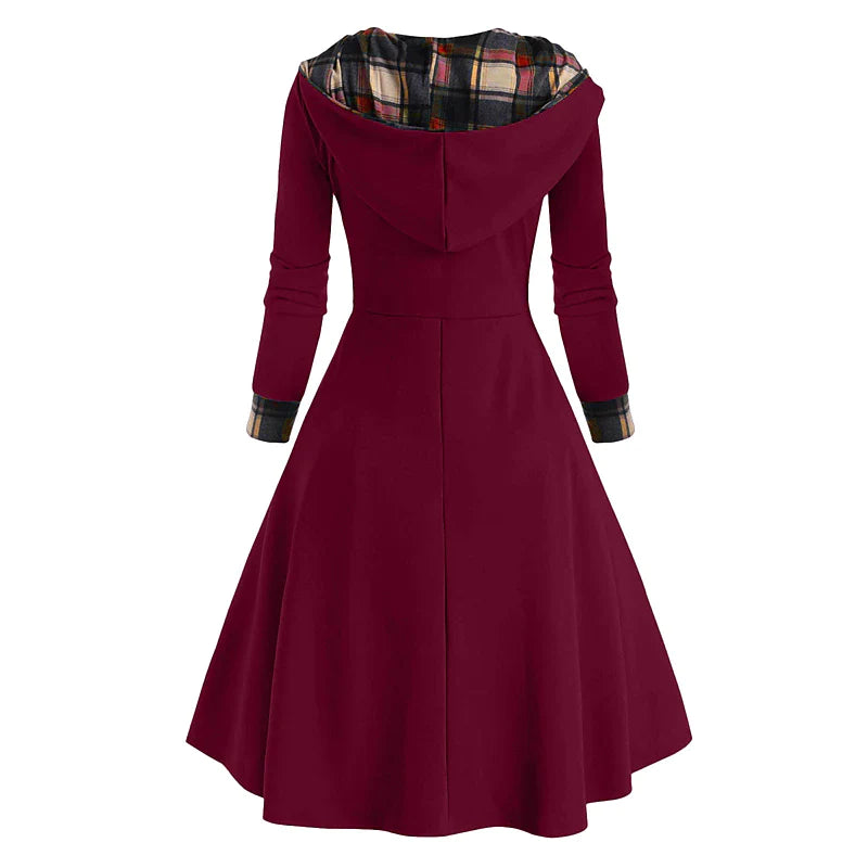 Women's New Year's Eve Dress Tartan Dress Sheath Dress Black Wine Red Long Sleeve Plaid Patchwork Winter Fall Hooded Modern Winter Dress Weekend Fall Dress Loose Fit