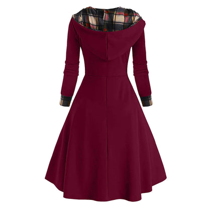 Women's New Year's Eve Dress Tartan Dress Sheath Dress Black Wine Red Long Sleeve Plaid Patchwork Winter Fall Hooded Modern Winter Dress Weekend Fall Dress Loose Fit