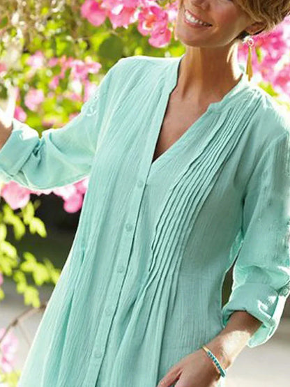 Women‘s Green V Neck Linen Shirt Breathable Natural Light and Comfortable  Casual Beach Shirt Button Long Sleeve Going out Basic Modern Regular Fit Spring & Fall Shirt