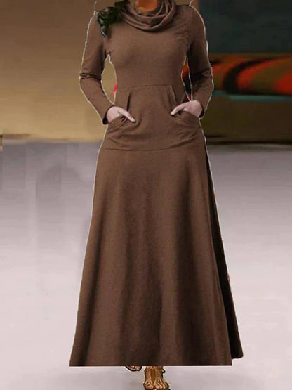 Women's Pure Color Pocket Casual Dress High Neck Emerald Green Dress Black Dress Long Dress Maxi Dress Black Brown Long Sleeve Winter Fall Spring Basic 2023 S M L XL XXL 2XL