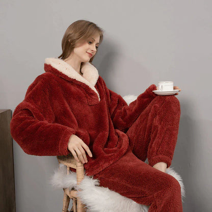 Women's Fleece Flannel Warm Pajamas Sets Fluffy Fuzzy Warm Nighty Pure Color Plush Comfort Home Christmas V Wire Long Sleeve Sweater Pant Elastic Waist Fall Winter Gray Purple / Lace Up