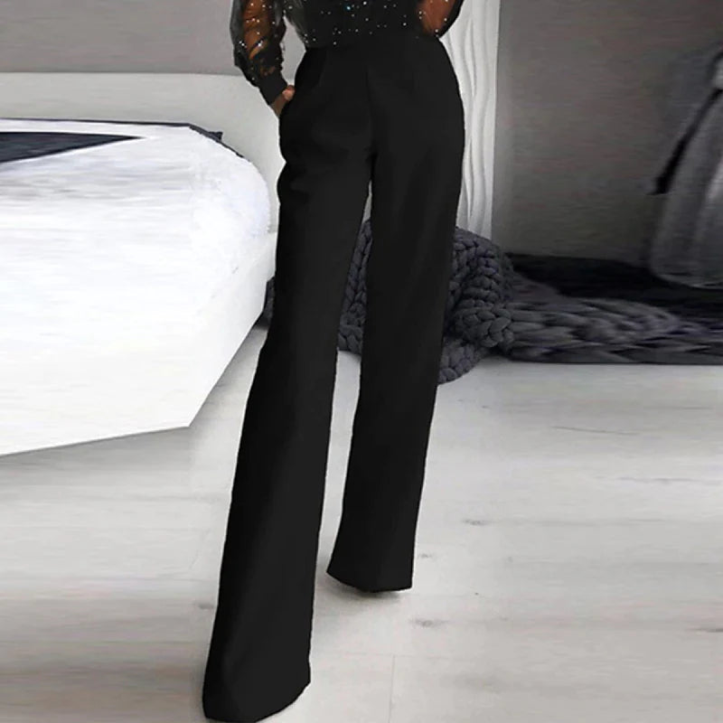 Women‘s Jumpsuit for Special Occasions Mesh Sequin Solid Color V Neck Elegant Party Prom Regular Fit Long Sleeve Black S M L Spring  Fall