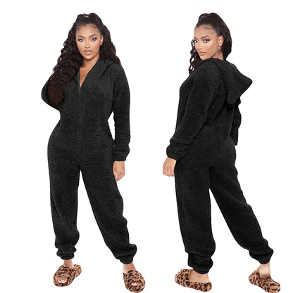 Women's Flannel Adult Onesies Onesie Pajamass Pajama for Adult Jumpsuits Nighty Pure Color Simple Comfort Party Home Christmas  Warm Gift Hoodie Long Sleeve Fall Winter Black