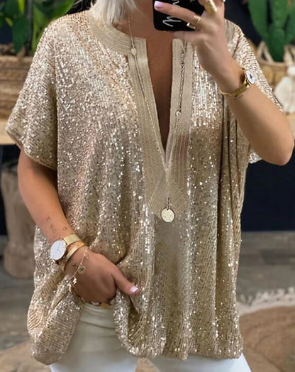 Women's Plus Size Shirt Blouse Plain Sparkly Silver Gold Sequins Half Sleeve Party Date Vacation Elegant Vintage Fashion V Neck Regular Fit Summer Spring