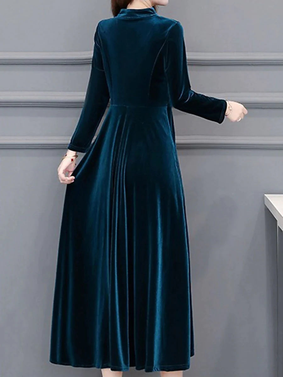 Women's Party Dress Wedding Guest Dress Velvet Dress Work Dress Midi Dress Black Wine Royal Blue Long Sleeve Pure Color Ruched Winter Fall Spring V Neck Fashion Spring Dress