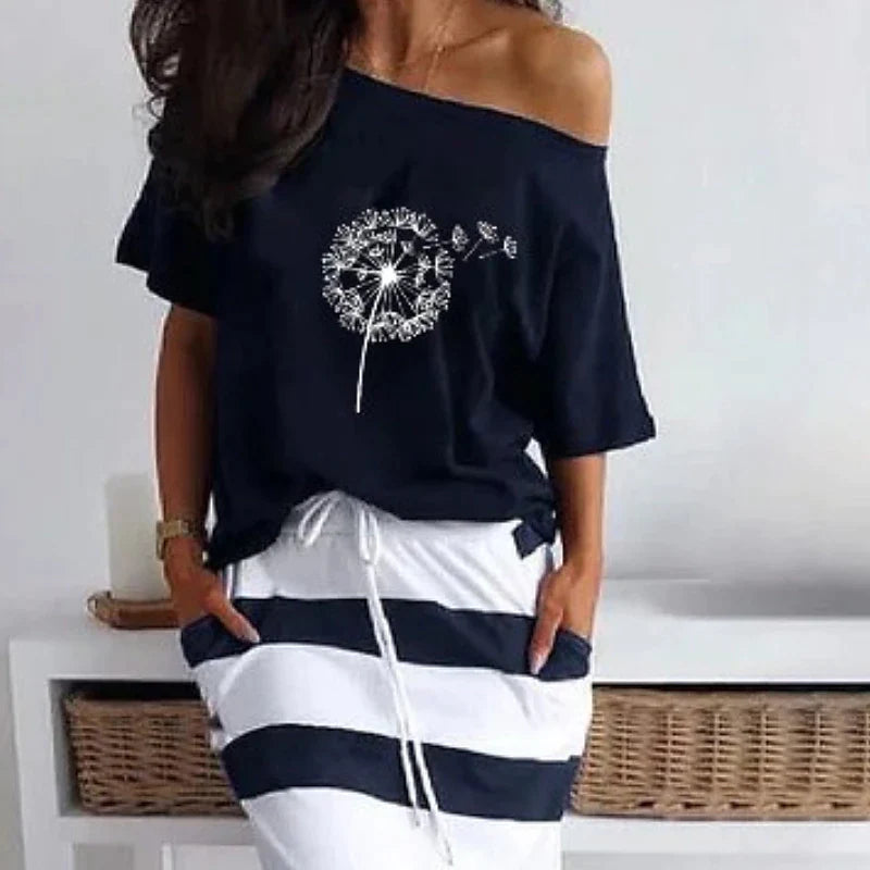 Women's Casual Dress Floral Dress Long Dress Maxi Dress Navy Blue Half Sleeve Striped Lace up Summer Spring One Shoulder Basic Summer Dress Spring Dress 2023 S M L XL XXL 3XL