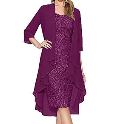 Women's Lace Dress Dress Set Two Piece Dress Chiffon Dress Midi Dress Black Wine Blue 3/4 Length Sleeve Pure Color Lace Summer Spring Crew Neck Stylish Winter Dress