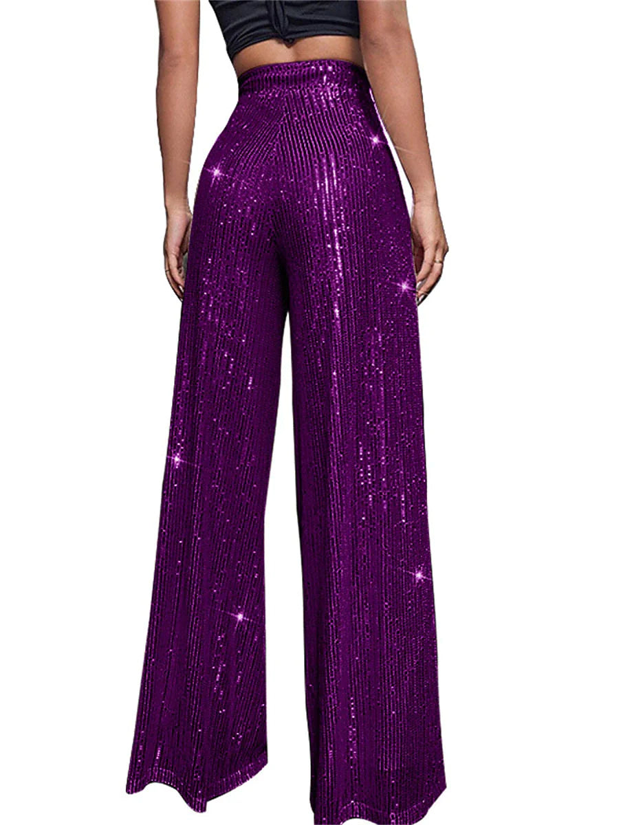 Women's Wide Leg Pants Trousers Sparkly Pants Full Length Sequins Micro-elastic High Waist Elegant Fashion Party Street claret M beige S M Summer Spring