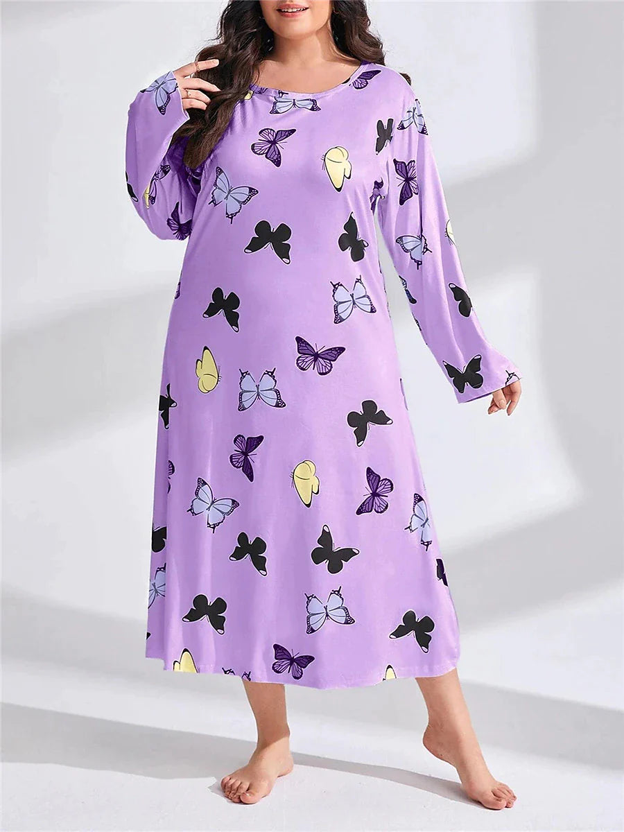 Women's Plus Size Pajamas Sleepwear Nightshirt Sleep Shirt Butterfly Heart Fashion Casual Home Valentine's Day Bed Polyester Comfort Breathable Crew Neck Long Sleeve Spring Purple black Lotus Pink