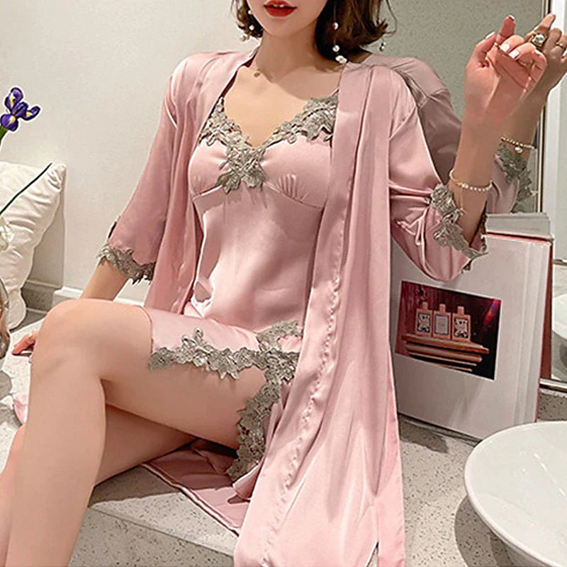 Women's Satin Silk Pajamas Sets 2 Pcs Nightgown Sets Dress Pure Color Fashion Casual Comfort Home Daily Bed Satin V Wire Long Sleeve Elastic Waist Chest pads Fall Spring Black Blue