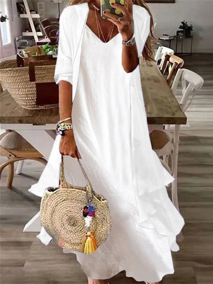 Women's Casual Dress Cotton Linen Dress Dress Set Maxi long Dress Cotton Blend Fashion Elegant Outdoor Daily V Neck Layered 3/4 Length Sleeve Summer Spring Fall 2023 Regular Fit White Plain S M L XL