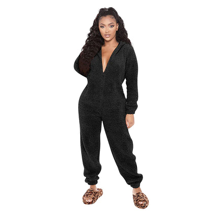 Women's Flannel Adult Onesies Onesie Pajamass Pajama for Adult Jumpsuits Nighty Pure Color Simple Comfort Party Home Christmas  Warm Gift Hoodie Long Sleeve Fall Winter Black