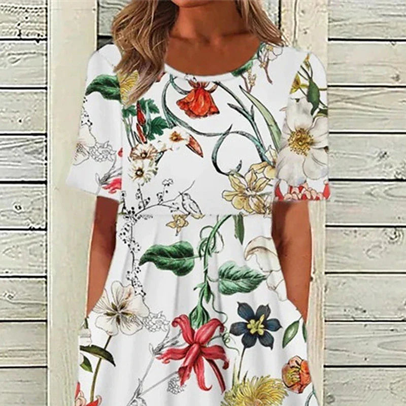 Women‘s Shift Dress Swing Dress Midi Dress White Short Sleeve Floral Pocket Spring Summer Crew Neck Loose Fit 2023 S M L XL XXL 3XL