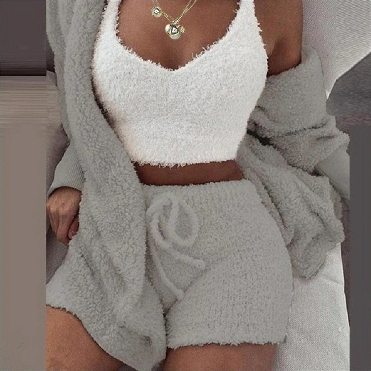 Women's Fleece Loungewear Sets 3 Pieces Fluffy Fuzzy Warm Pajama Pure Color Sport Plush Casual Home Daily Bed Cotton Blend Breathable V Wire Long Sleeve Shorts Elastic Waist Fall Winter Pink Purple