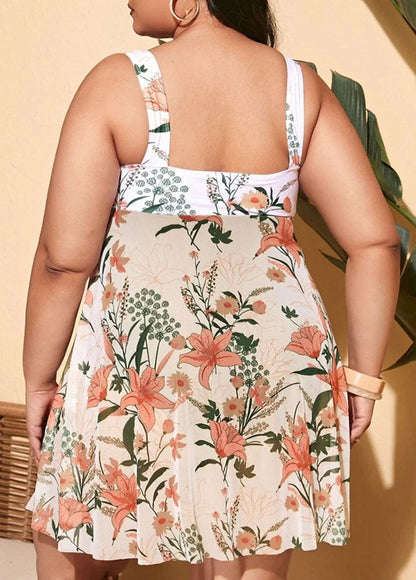 Women's Swimwear Swim Dress Plus Size Swimsuit 2 Piece Floral White Green High Neck Bathing Suits Sports Summer