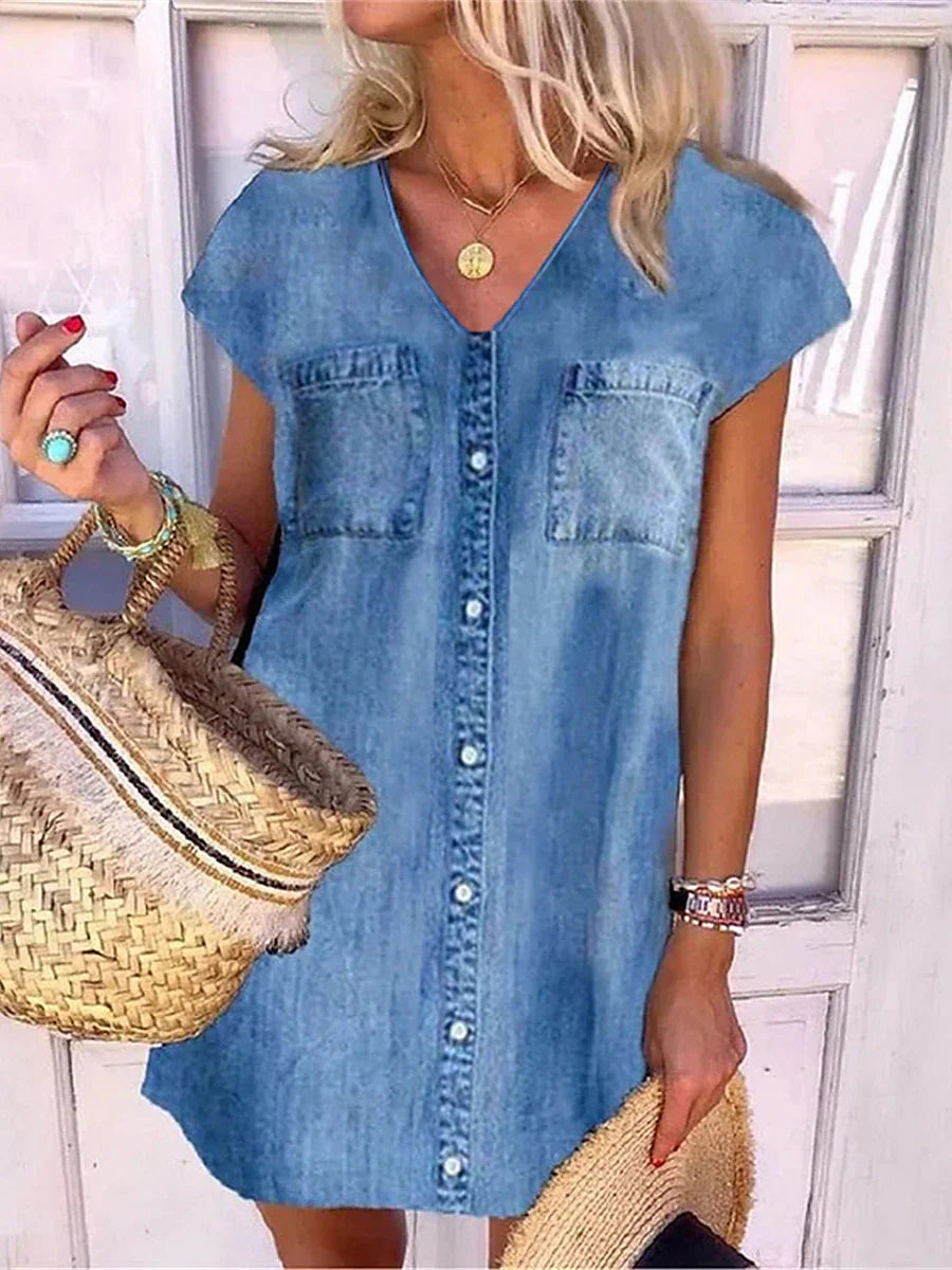 Women‘s Denim Dress Shirt Dress Casual Dress Shift Dress Mini Dress Denim Fashion Casual Outdoor Daily Vacation V Neck Button Pocket Short Sleeve Summer Spring Fall 2023 Regular Fit Blue Plain