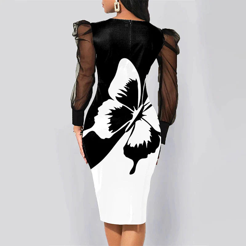 Women's Work Dress Bodycon Sheath Dress Midi Dress Black Pink Red Long Sleeve Floral Print Summer Spring Crew Neck Elegant Office Mesh S M L XL XXL 3XL